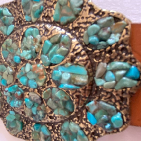 Coldwater Creek Womens Leather Belt Med Turquoise Chips Medallion Brass Buckle main image 9